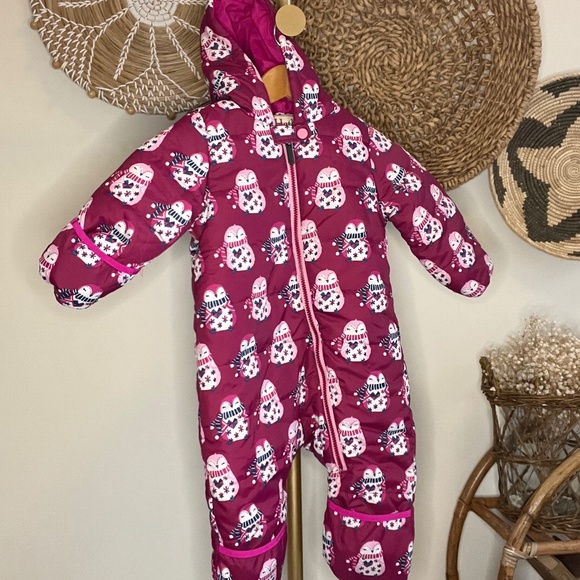 Hadley Baby Girl Puffer Snowsuit Size 18-24 Pink Owls - Picture 1 of 9